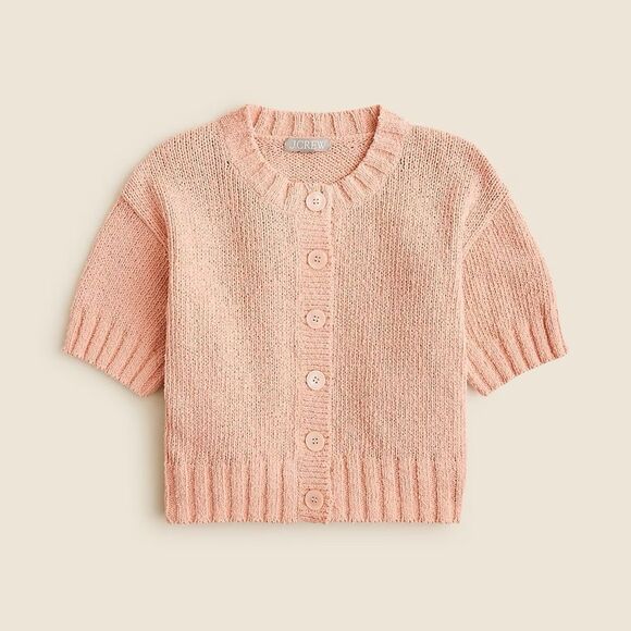 NWT J CREW Marina crewneck cardigan in textured cotton blend in “Peach Clay” - Picture 2 of 7